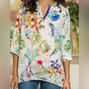 Soft Surroundings Tropical Breeze Popover Top Small Tunic Floral Lily Dragonfly
